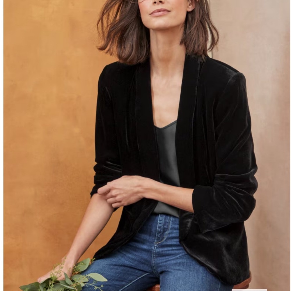 Garnet Hill Womens Black Rayon Silk Velvet Open Front Shawl Casual Blazer Size 6